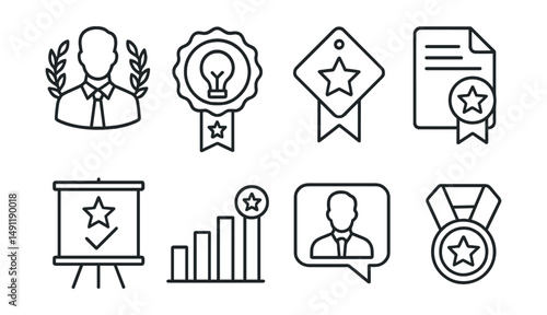 Line style icons of industry awards: business leader icon, market innovator badge, industry pioneer tag, sector award file, best practice board, professional recognition chart, corporate leader