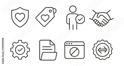 Line style icons of fair tech practices: ethical tech badge, value-first system tag, rights-respecting icon, transparency handshake, accountability gear icon, open terms file, non-exploitative UI