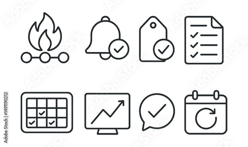 Line style icons of habit tracking reminders: habit streak icon, habit reminder badge, goal check-in tag, daily task file, habit tracker board, success streak chart, habit progress bubble, routine