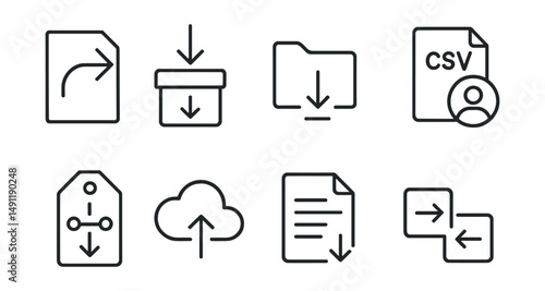 Line style icons of data download and portability: export data arrow, download archive icon, your data folder, CSV + profile icon, download timeline tag, move data to cloud icon, takeout request