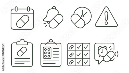 Line style icons of medication reminders: pill reminder icon, daily dose alert badge, medication time tag, health check file, prescription list board, dosage chart, medicine alarm bubble, health