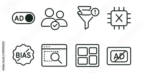 Line style icons of ad-free and bias-free experiences: ad-free toggle, curated by users icon, filter bubble alert icon, algorithm off mode, no bias badge, “discover without influence” layout, neutral