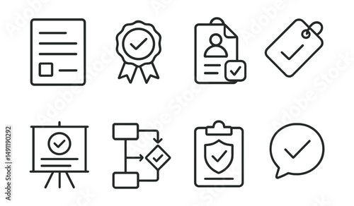 Line style icons of certification process: application form icon, assessment badge, exam tag, review process file, qualification board, approval chart, certification approval bubble, examination