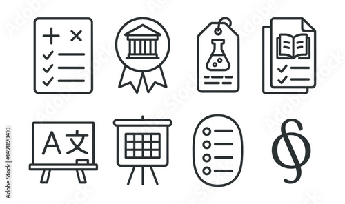 Line style icons of subject-specific tests: math test icon, history exam badge, science quiz tag, literature test file, language exam board, subject chart, test results bubble, subject-specific