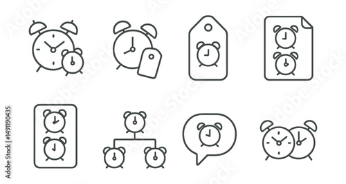 Line style icons of multiple alarms: second alarm icon, set for tomorrow badge, reminder tag, multiple alerts file, staggered alarm board, alarm group chart, staggered wake-up bubble, dual alarm