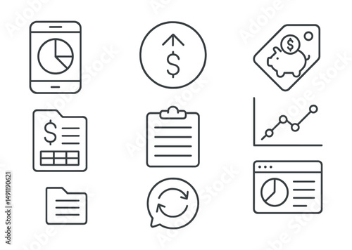 Line style icons of financial trackers: spending tracker icon, income tracker badge, savings goal tag, budget tracker file, expense log board, financial progress chart, cash flow bubble, budget