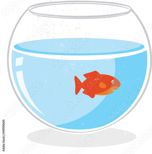 Vector illustration of a goldfish in a fishbowl on white background. Ideal for pet-themed designs, solitude, minimalism, routine, and abstract concepts like confinement or isolation.