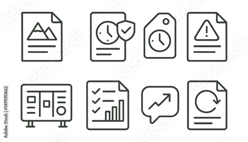 Line style icons of project reports: project milestone icon, task tracking badge, deadline report tag, issue resolution file, project status board, task list chart, resource update bubble, work