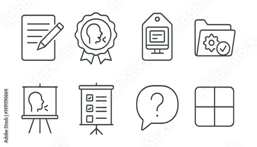 Line style icons of exam types: written exam icon, oral exam badge, online test tag, practical exam file, viva board, paper-based test chart, oral questions bubble, assessment type symbol.