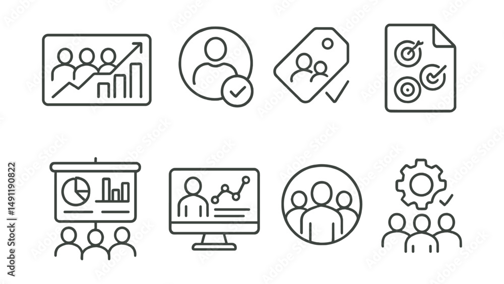 Line style icons of team performance in dashboards: team progress icon, member activity badge, group task completion tag, team goals file, collaboration stats board, performance review chart, team Line style icons of team performance in dashboards: team progress icon, member activity badge, group task completion tag, team goals file, collaboration stats board, performance review chart, team