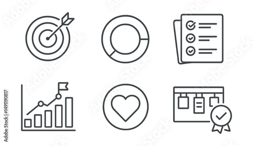 Line style icons of project performance in dashboards: project goal icon, task progress badge, project timeline tag, status updates file, resource tracking board, milestone chart, project health