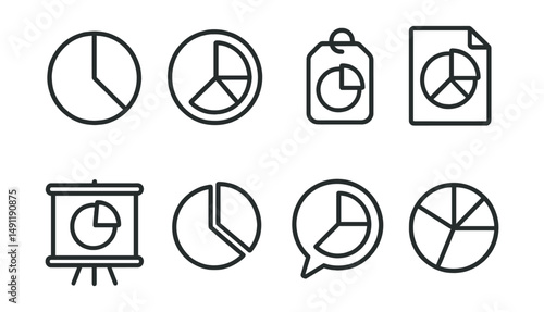 Line style icons of pie charts: circular chart icon, section slices badge, percentage data tag, data partition file, sector comparison board, pie graph chart, slice highlight bubble, visual breakdown