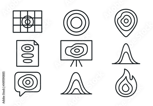 Line style icons of heat maps: intensity grid icon, color gradient badge, temperature map tag, variable levels file, color-coded board, distribution density chart, high-low zones bubble, visual heat