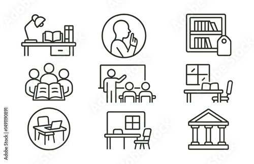 Line style icons of learning environments: study space icon, quiet area badge, library tag, group study file, classroom environment board, study room chart, productive space bubble, academic setting