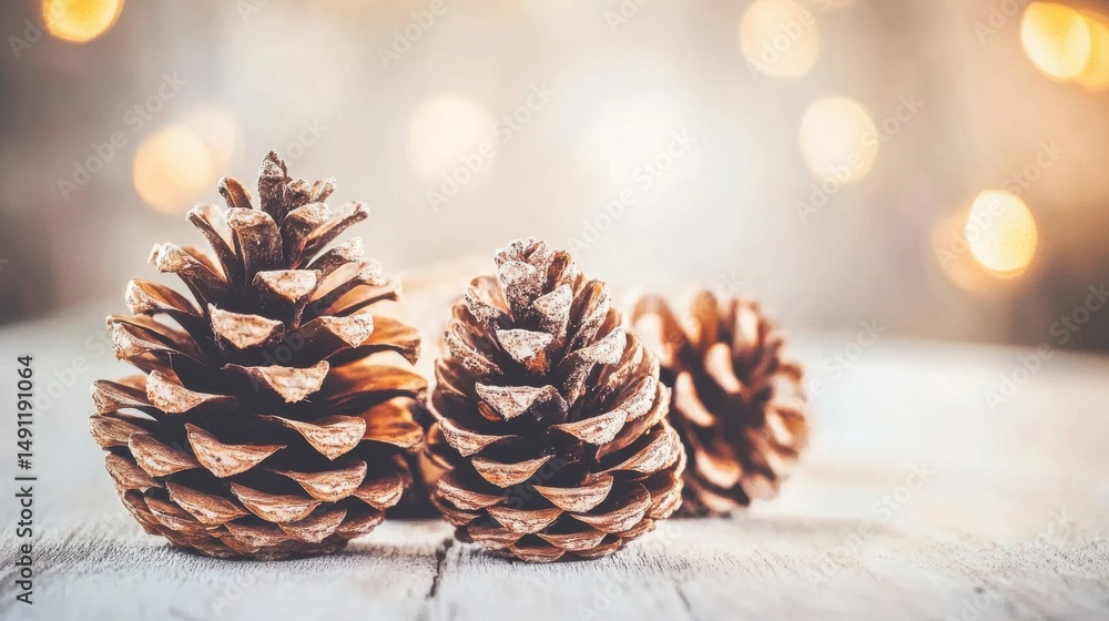Pine Cones on Wooden Table with Soft Bokeh Background Pine Cones on Wooden Table with Soft Bokeh Background