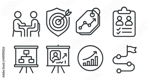 Line style icons of mentorship stages: initial meeting icon, goal setting badge, progress tracking tag, regular check-ins file, development plan board, feedback session chart, growth milestone bubble
