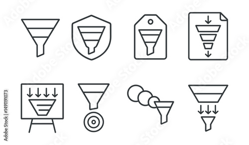 Line style icons of pie diagrams: pie slices icon, percentage chart badge, data segmentation tag, distribution file, circular chart board, segment comparison chart, portion breakdown bubble, data