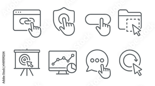 Line style icons of interactive infographics: clickable icon icon, hover effects badge, interactive button tag, selection tool file, drill-down view board, dynamic chart chart, clickable section