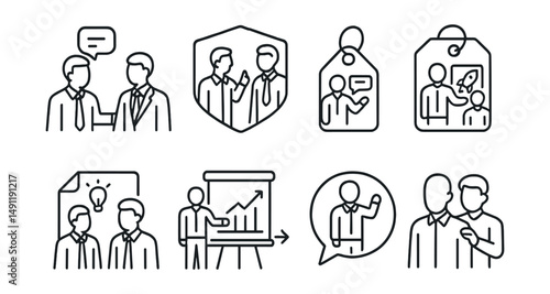 Line style icons of mentoring relationships in business: business advice icon, entrepreneurial mentorship badge, startup guidance tag, networking tips file, business plan review board, leadership