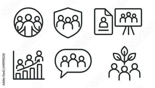 Line style icons of team training: collaborative icon, group session badge, team development tag, teamwork file, leadership training board, cooperative learning chart, team building bubble,