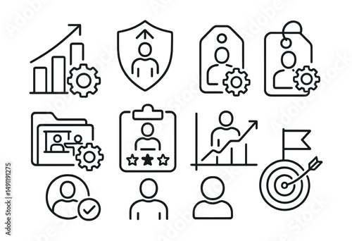 Line style icons of professional development: skill growth icon, career advancement badge, personal development tag, training opportunity file, skill assessment board, expertise chart, job readiness