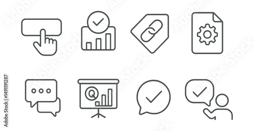 Line style icons of interactive presentation elements: clickable button icon, response poll badge, clickable link tag, interactive tool file, live comments board, Q&A chart, live voting bubble,