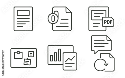 Line style icons of supporting documents for presentations: handout icon, file attachment badge, presentation PDF tag, resource sheet file, reference board, supporting charts chart, printed materials