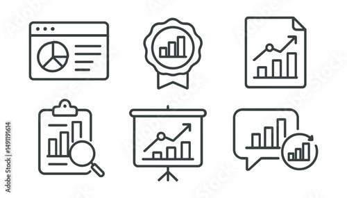 Line style icons of business analytics: data dashboard icon, performance metrics badge, sales report tag, trend analysis file, KPI board, business insights chart, performance review bubble,
