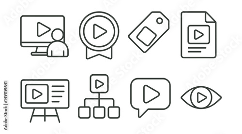 Line style icons of instructional videos: tutorial icon, video play badge, tutorial series tag, instructional clip file, video playlist board, video chapter chart, video lesson bubble, learning by