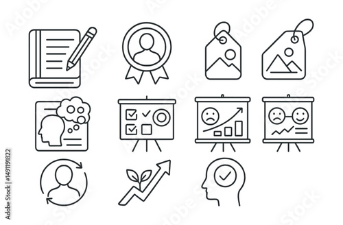 Line style icons of personal reflection: journaling icon, self-assessment badge, life review tag, introspective thoughts file, life goals board, feedback reflection chart, personal growth bubble,