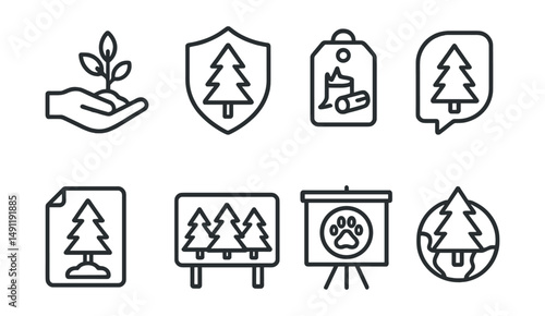 Line style icons of forest conservation: tree planting icon, forest reserve badge, deforestation alert tag, reforestation file, green forest board, wildlife protection chart, forest health bubble,