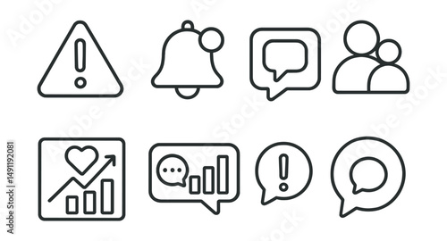 Line style icons of social media notifications: alert icon, notification bell badge, message popup tag, follower update file, interaction prompt board, comment update chart, alert bubble, message