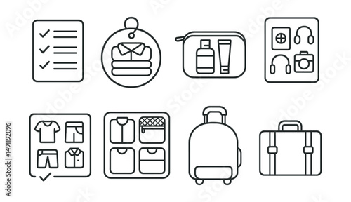 Line style icons of packing for travel: packing list icon, folded clothes badge, toiletry kit tag, travel essentials file, clothing items board, suitcase organizer chart, carry-on bubble, packed bag