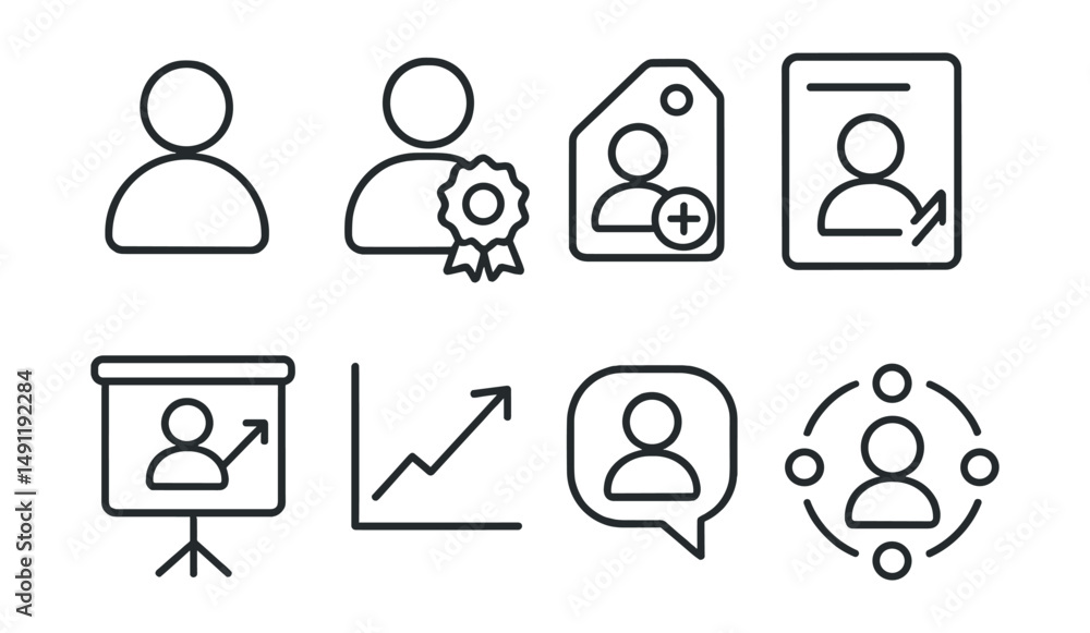 Line style icons of follower management: follower icon, subscription badge, follower increase tag, account growth file, fan page board, growth chart, user interaction bubble, fan engagement symbol. Line style icons of follower management: follower icon, subscription badge, follower increase tag, account growth file, fan page board, growth chart, user interaction bubble, fan engagement symbol.