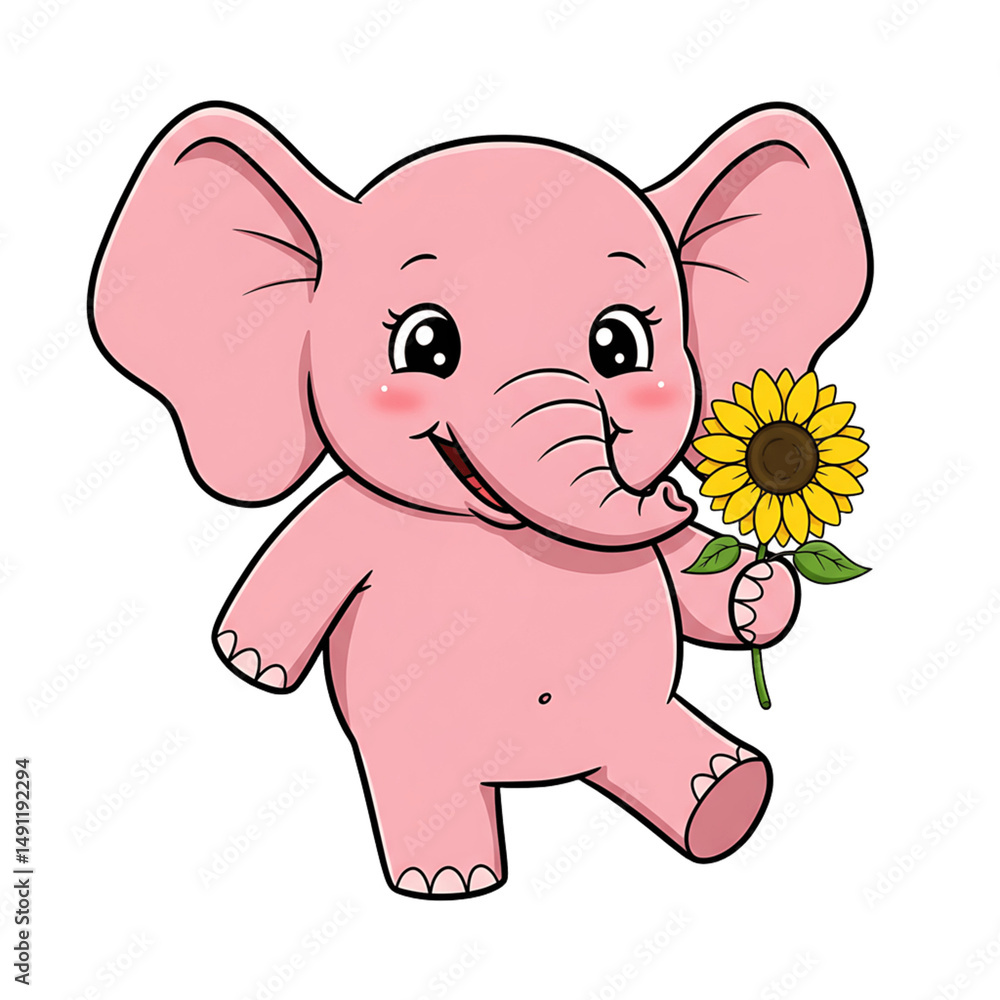 Naklejka premium A cute cartoon baby elephant, a happy pink mammal illustration with a sunflower, isolated for safari fun