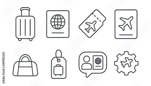 Line style icons of travel essentials: suitcase icon, passport badge, plane ticket tag, boarding pass file, travel bag board, luggage tag chart, passport control bubble, travel gear symbol.