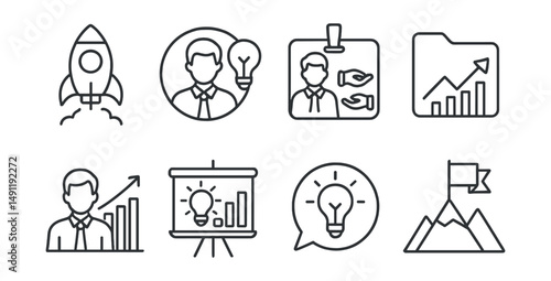 Line style icons of entrepreneurship: startup icon, business pitch badge, investor meeting tag, growth opportunity file, entrepreneur chart, innovation board, business ideas bubble, startup success