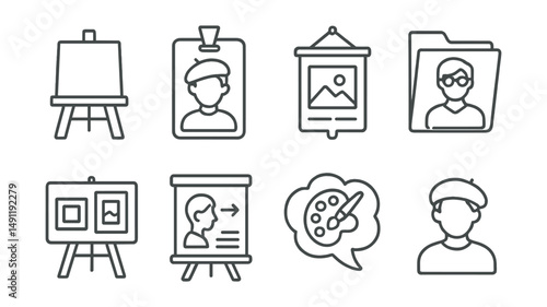 Line style icons of art education: easel icon, student artist badge, painting class tag, instructor file, gallery tour board, art lesson chart, creative workshop bubble, art student symbol.