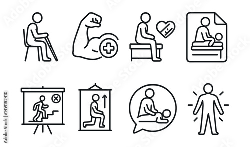 Line style icons of physical therapy: rehabilitation icon, muscle therapy badge, injury recovery tag, therapy session file, mobility exercise board, stretching chart, physical treatment bubble,