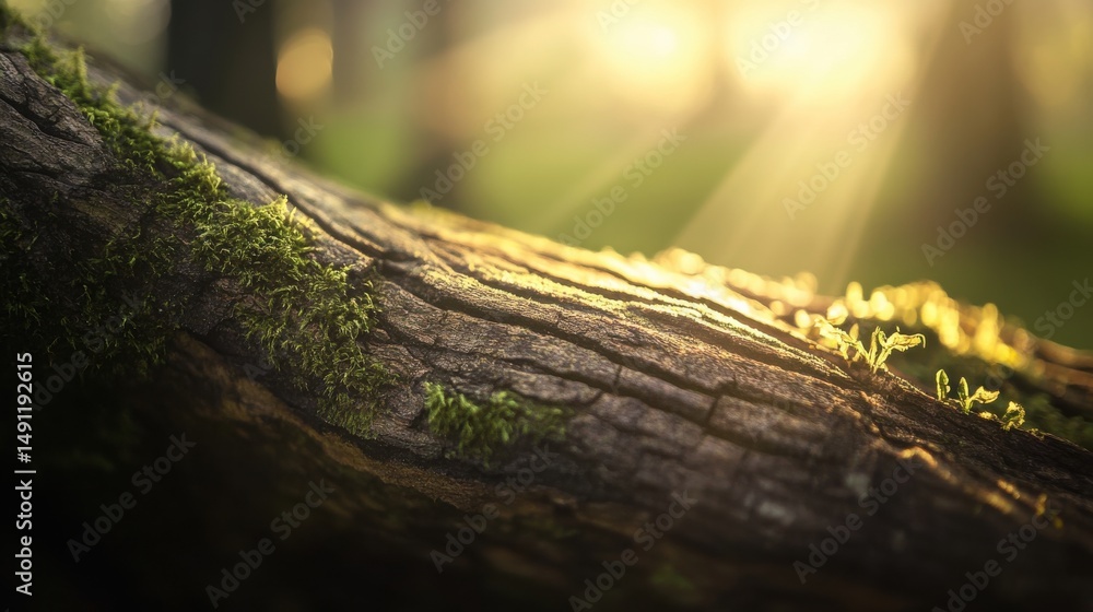 Fototapeta premium Soft Morning Light on Mossy Log in Forest with Gentle Glow