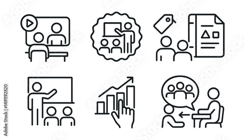 Line style icons of in-person training: live session icon, classroom training badge, face-to-face workshop tag, physical materials file, instructor-led board, hands-on chart, training environment