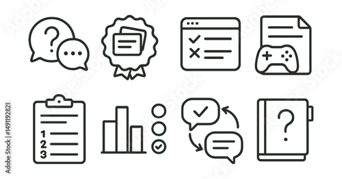 Line style icons of interactive lessons: quiz icon, flashcards badge, interactive exercise tag, gamified learning file, practice test board, multiple choice chart, feedback loop bubble, question bank