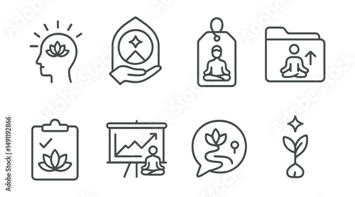 Line style icons of spiritual coaching: mindfulness icon, spiritual guidance badge, meditation tag, life purpose file, peace of mind board, inner peace chart, soul journey bubble, spiritual growth
