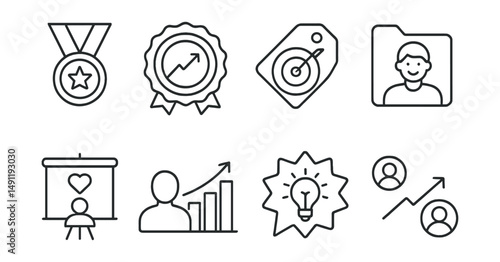 Line style icons of mentoring milestones: achievement icon, progress badge, goal completion tag, success story file, life-changing event board, personal growth chart, breakthrough moment bubble,