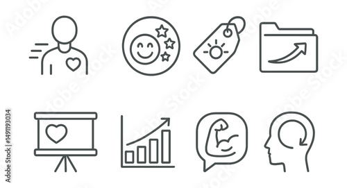 Line style icons of positive thinking: affirmation icon, positive thoughts badge, optimistic mindset tag, confidence boost file, encouraging words board, self-empowerment chart, inner strength bubble