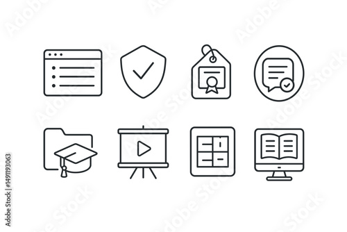 Line style icons of online courses: course content icon, enrollment badge, certificate tag, learning module file, video lessons board, curriculum chart, online access bubble, digital course symbol.