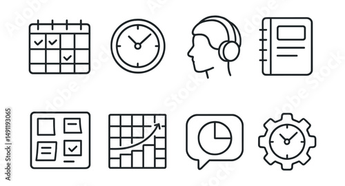 Line style icons of study time management: study schedule icon, time block badge, focused session tag, study planner file, productivity board, break schedule chart, focus period bubble,