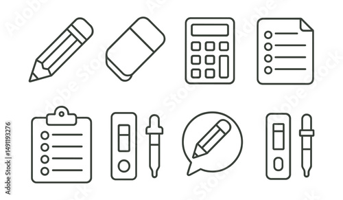 Line style icons of test-taking tools: pencil icon, eraser badge, calculator tag, answer sheet file, pen holder board, test kit chart, writing tool bubble, test kit symbol.