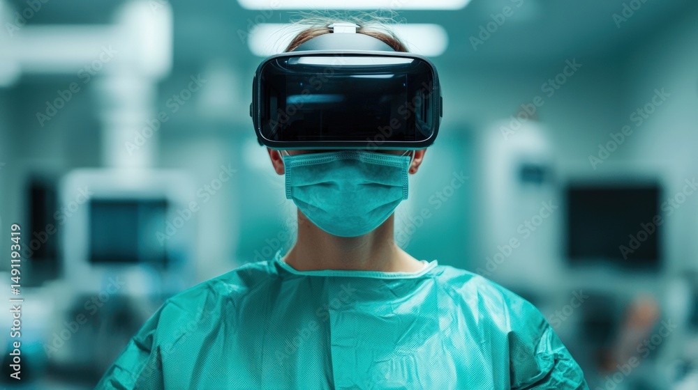 Surgeon wearing a vr headset and surgical mask stands in an operating room, showcasing the integration of virtual reality in modern medical practices Surgeon wearing a vr headset and surgical mask stands in an operating room, showcasing the integration of virtual reality in modern medical practices
