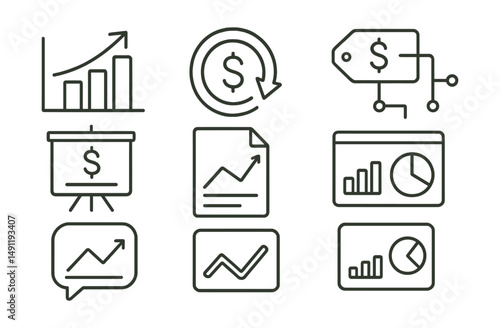 Line style icons of financial data in dashboards: revenue icon, expenses badge, profit margin tag, cash flow file, balance sheet board, income report chart, financial analysis bubble, financial